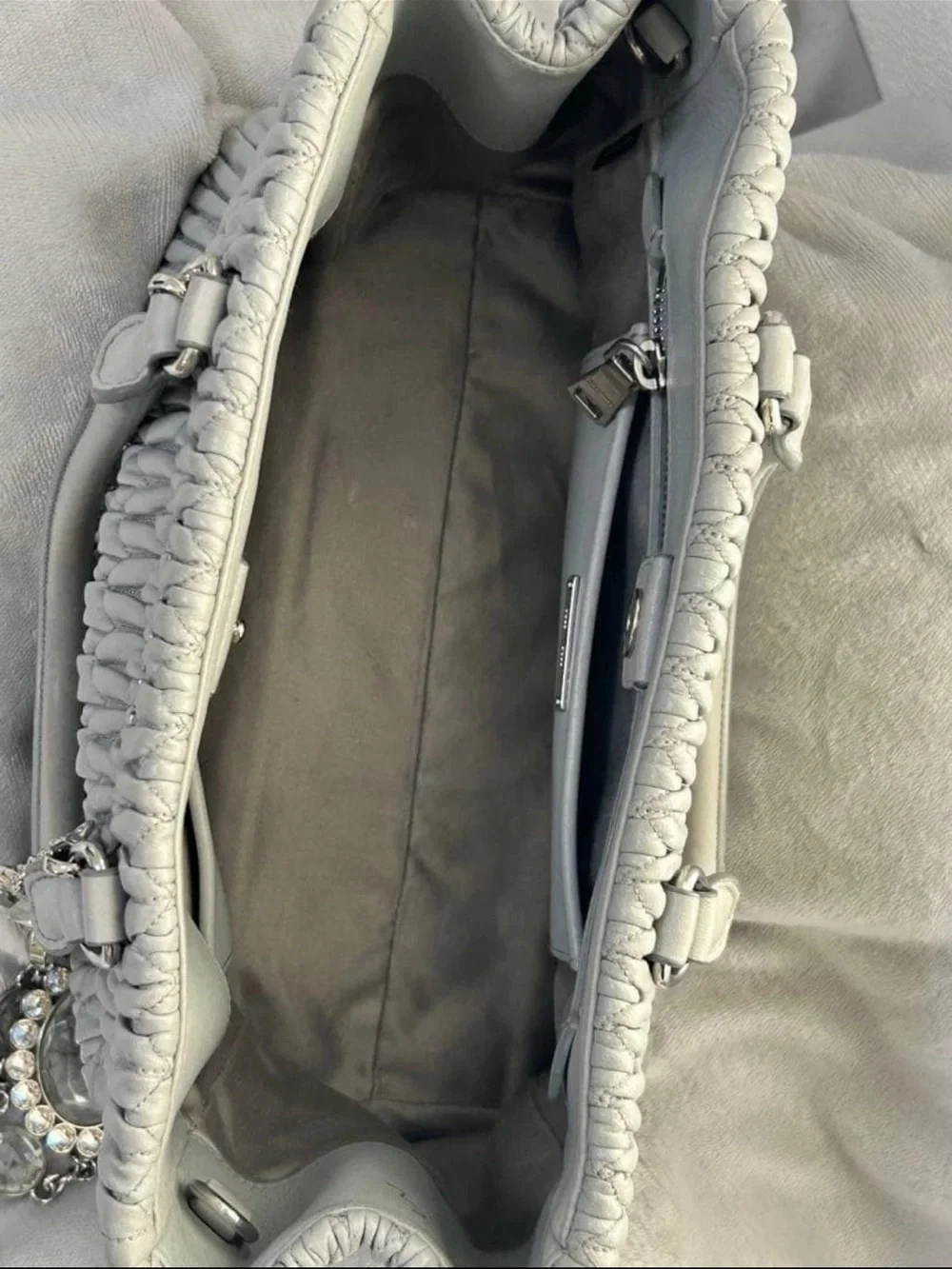 Miu Miu Quilted Gray Ruched Leather Satchel with Crystal Chain
